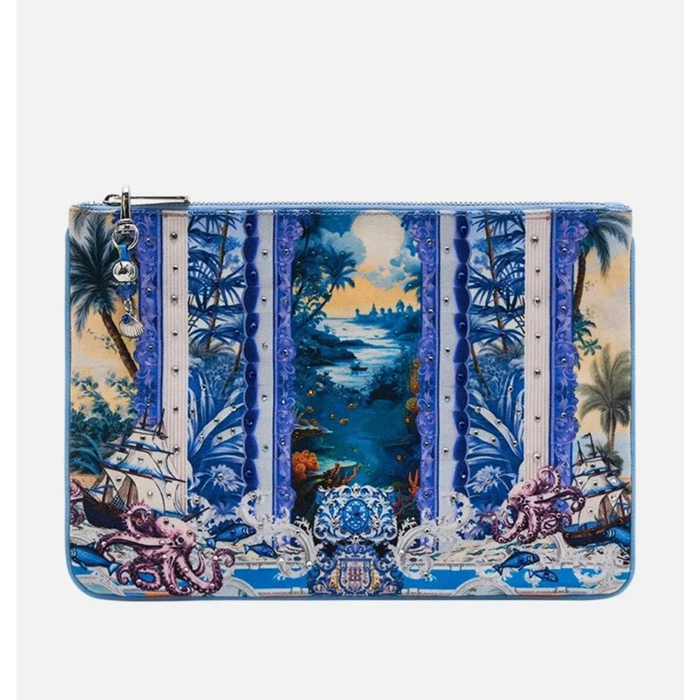 Camilla “Song of Saint Anthony” small blue canvas ocean sea clutch bag pouch